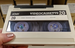 Photograph of U-matic tape from the Atari Coin-Op Division corporate records, The Strong, Rochester, New York. Photograph of U-matic tape from the Atari Coin-Op Division corporate records, The Strong, Rochester, New York.