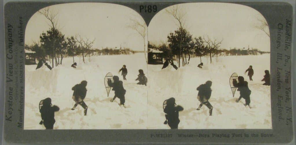 Stereograph, Winter: Boys Playing Fort in the Snow, gift of Jay Mechling, courtesy of The Strong, Rochester, New York.
