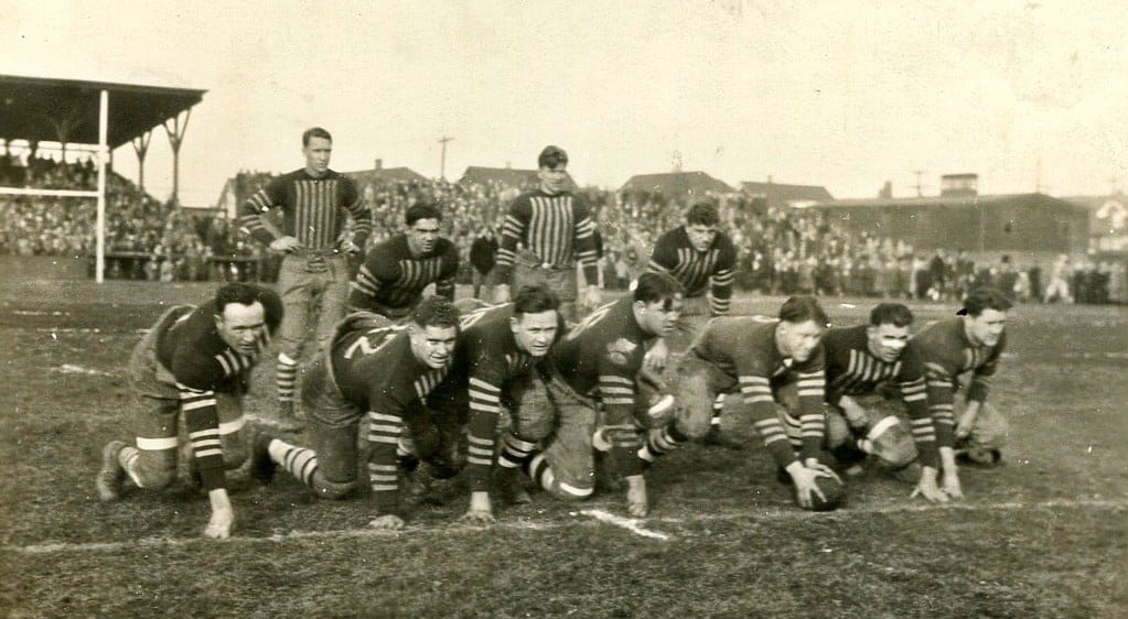 Postcard of the Rochester Oxfords football team, after winning the 1926 city championship. Gift of Charles Eberhard, courtesy of The Strong, Rochester, New York.
