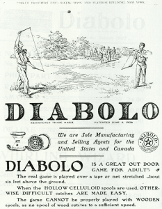 An ad for Diabolo in a 1908 Parker Brothers catalog. Notice the emphasis on being “sole manufacturing and selling agents” and the note about wooden spools being less effective. The Strong, Rochester, New York.