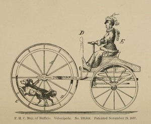 F.H.C. Mey of Buffalo, velocipede, American Patent No. 109, 644, November 29, 1870, book illustration from Cycling Art, Energy, and Locomotion by Robert Scott, 1889. Velocipede book illustration from Cycling Art, Energy, and Locomotion by Robert Scott, 1889