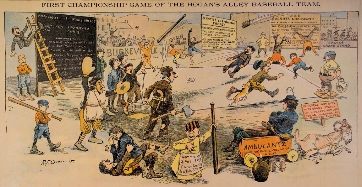 Hogan’s Alley cartoon, “First Championship Game of the Hogan's Alley Baseball Team,” by Richard F. Outcault, published in the New York World on April 12, 1896. Courtesy of the San Francisco Academy of Comic Art Collection, The Ohio State University Billy Ireland Cartoon Library & Museum.