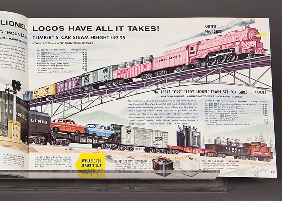 Lionel advertised the pastel train set in its 1958 catalogues in an attempt to unload the stock that did not sell the year before. The ad copy took some liberty with the truth when it proclaimed: “Girl railroaders all over the country are in love with this exclusive Lionel set!” Lionel 1958 trade catalogue from The Stephen and Diane Olin Toy Catalog Collection, courtesy of The Strong, Rochester, New York. Lionel advertised the pastel train set in its 1958 catalogues in an attempt to unload the stock that did not sell the year before. The ad copy took some liberty with the truth when it proclaimed: “Girl railroaders all over the country are in love with this exclusive Lionel set!” Lionel 1958 trade catalogue from The Stephen and Diane Olin Toy Catalog Collection, courtesy of The Strong, Rochester, New York.