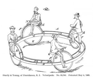 Sturdy and Young of Providence, American Patent No. 89,700., May 4, 1869, book illustration from Cycling Art, Energy, and Locomotion, by Robert P. Scott, 1889. Book illustration from Cycling Art, Energy, and Locomotion, by Robert P. Scott, 1889