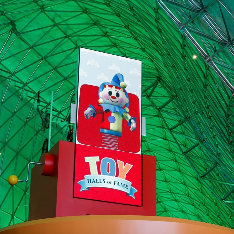 Digital screen on Toy Halls of Fame elevator with exhibit logo