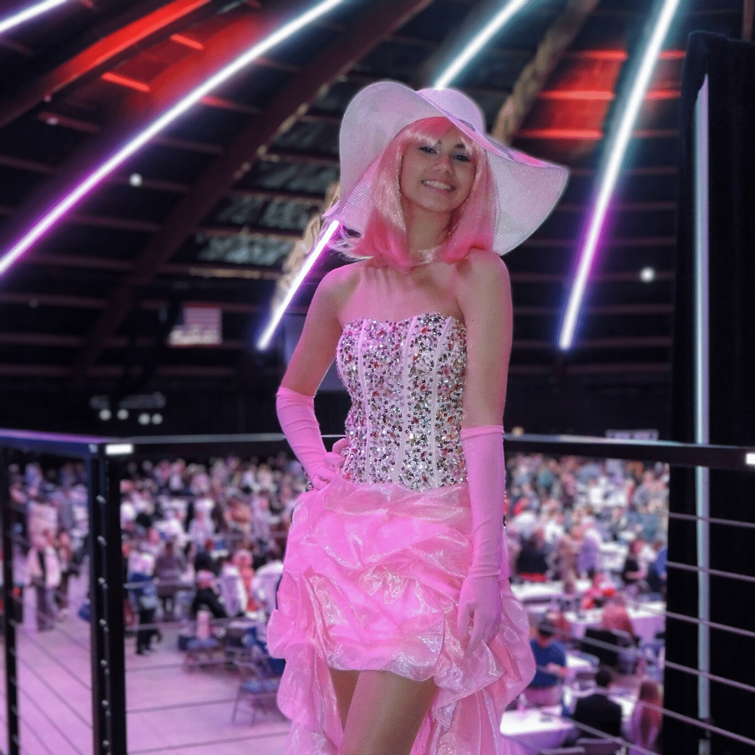 Model wearing Barbie-inspired clothing