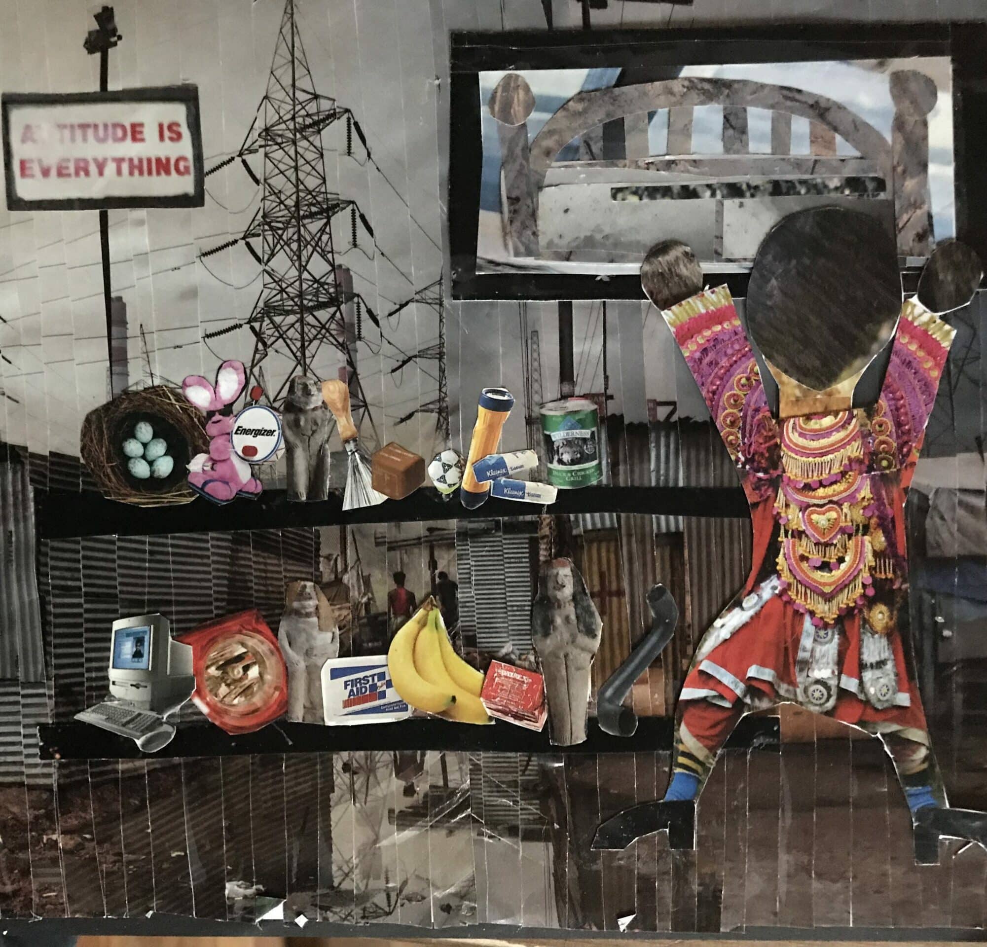 Collage depicting person next to shelves