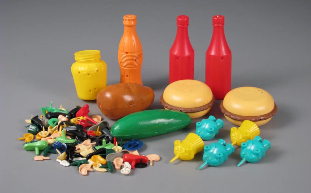 Image of Mr. Potato Head, Willy Burger and Mr. Ketchup Head, Frenchy Fry and Mr. Soda Head, and Frankie Frank and Mr. Mustard Head, gift of Mary Kelley, The Strong, Rochester, New York.