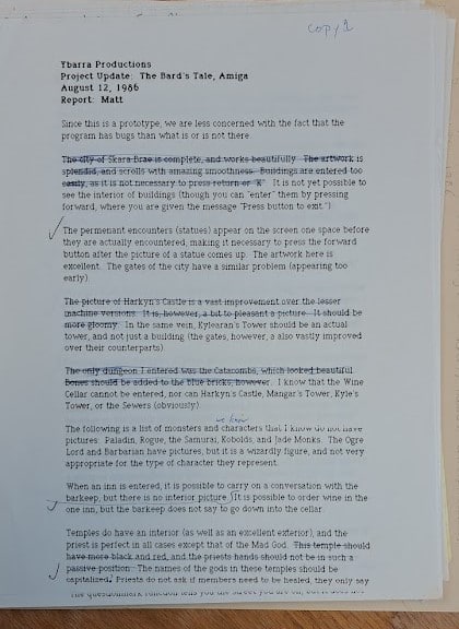 Image of Quality assurance notes, The Bard’s Tale III: Thief of Fate, ca. 1988. Gift of Brian Fargo. The Strong National Museum of Play, Rochester, NY.