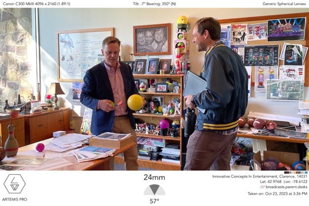 Picture of Justin Tolliver Visiting ICE in Clarence, NY, October 2023. Drew Krouse, Chief Operating Officer, explains the inspiration behind some of their most popular games.